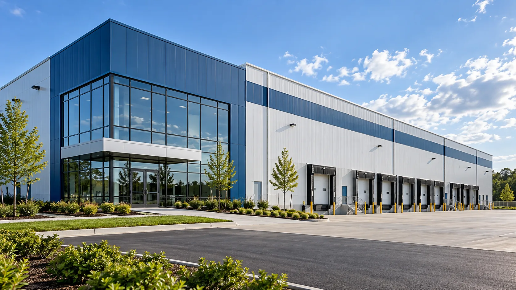 Blue and white distribution centre exterior