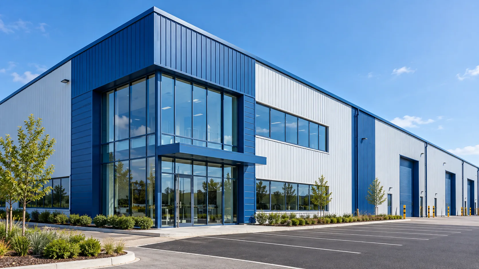 Modern industrial building with blue cladding