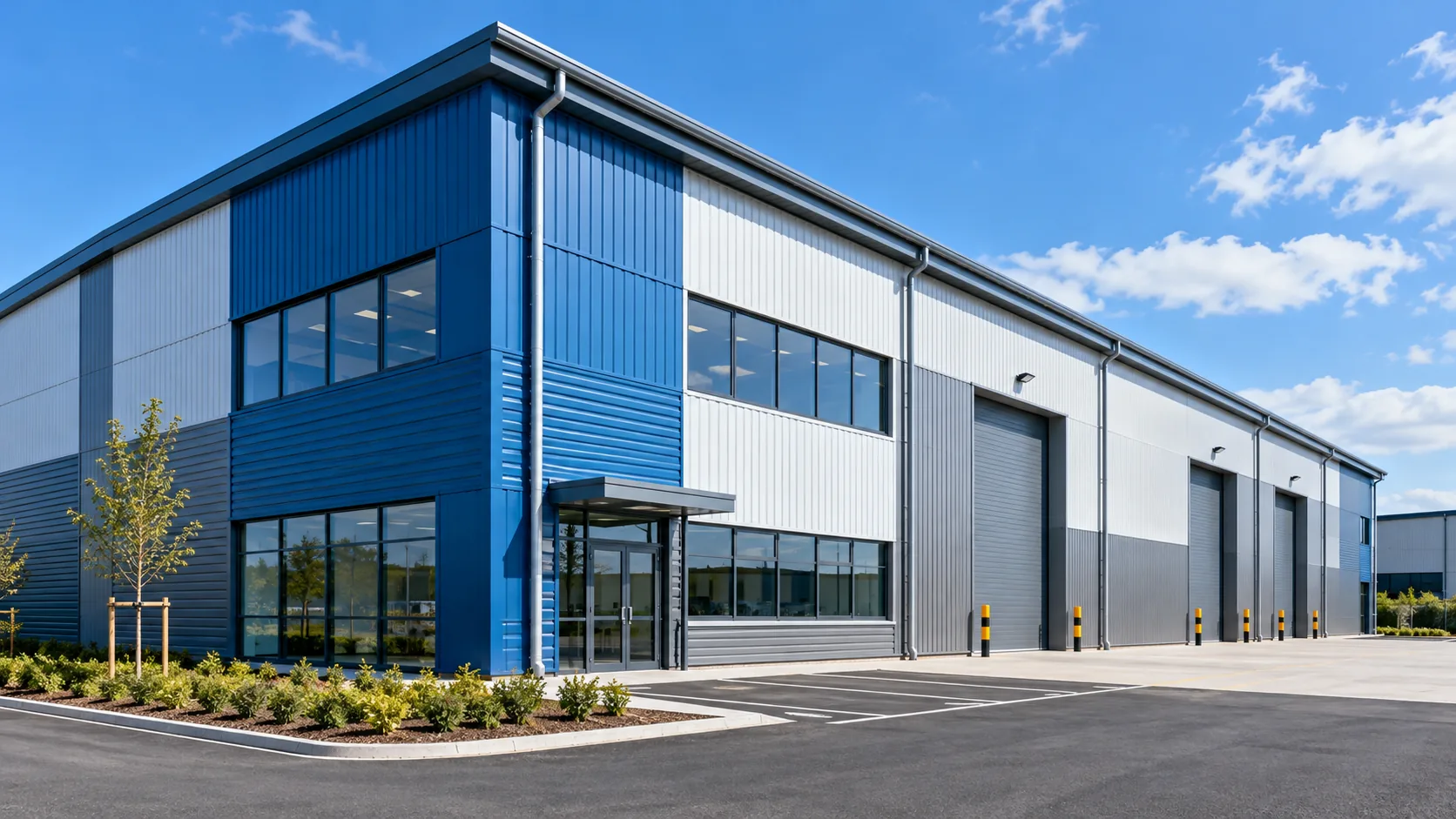 Modern industrial warehouse in blue and grey