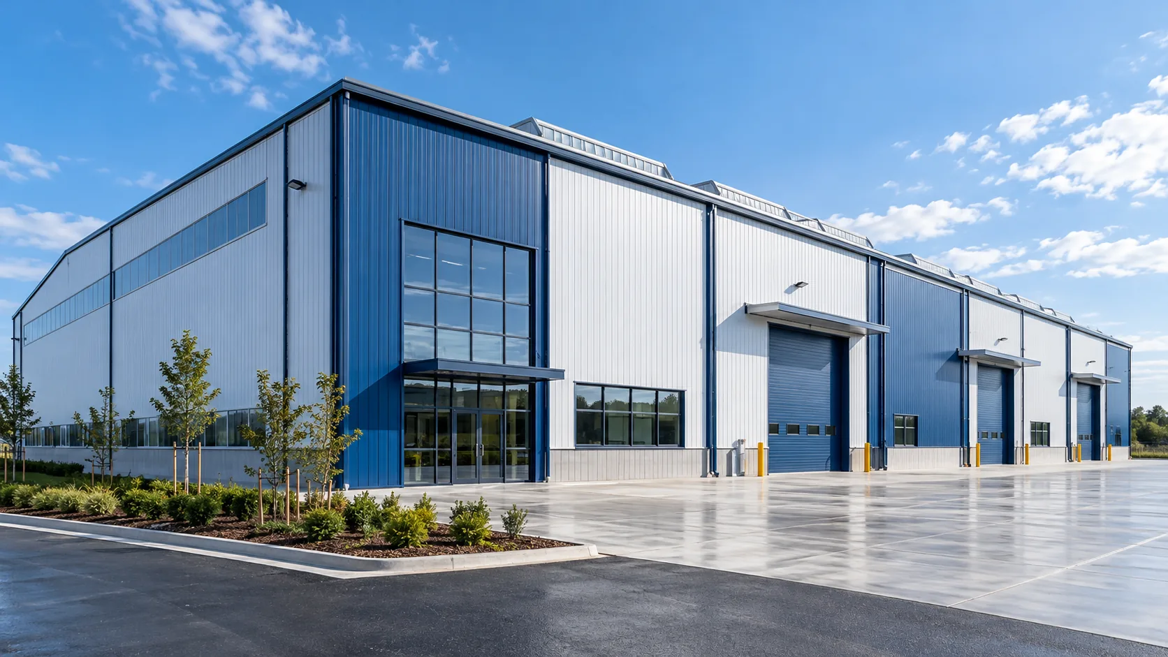 Modern blue and white industrial warehouse