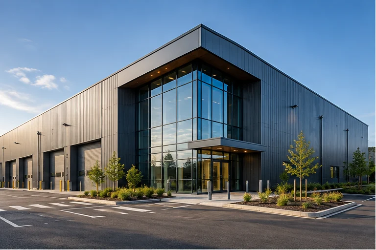 Sample photograph of an industrial building with metal cladding