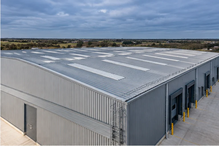 Illustrative aerial view of an industrial warehouse with profiled metal roofing