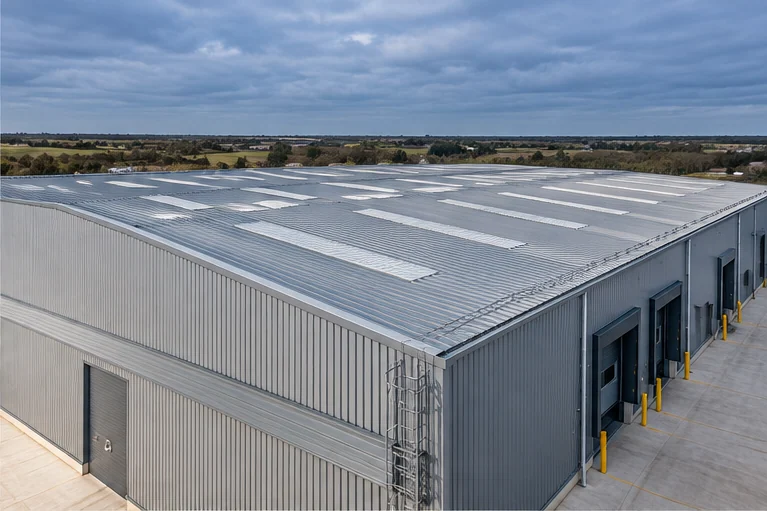 Factory building with metal roof