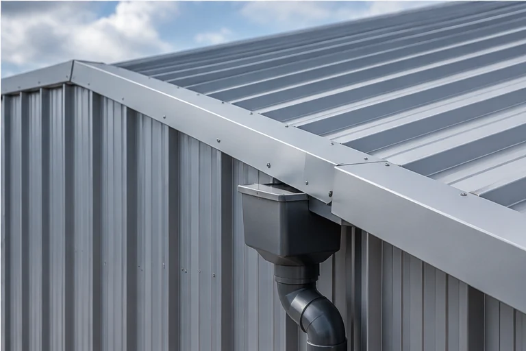 AI concept close-up of metal roof edge, flashing and rainwater outlet